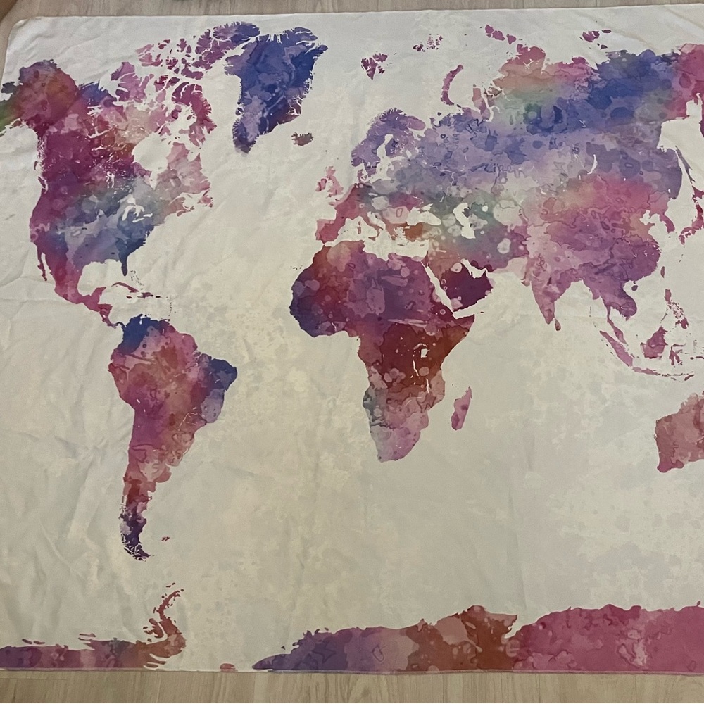 World Map tapestry. Purple and pink map pattern wall decor
